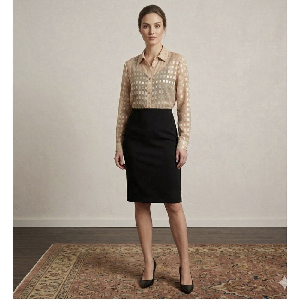 Joanna Sheer Gold Texture LS Blouse Geometric Relaxed Lightweight Flowy Career M